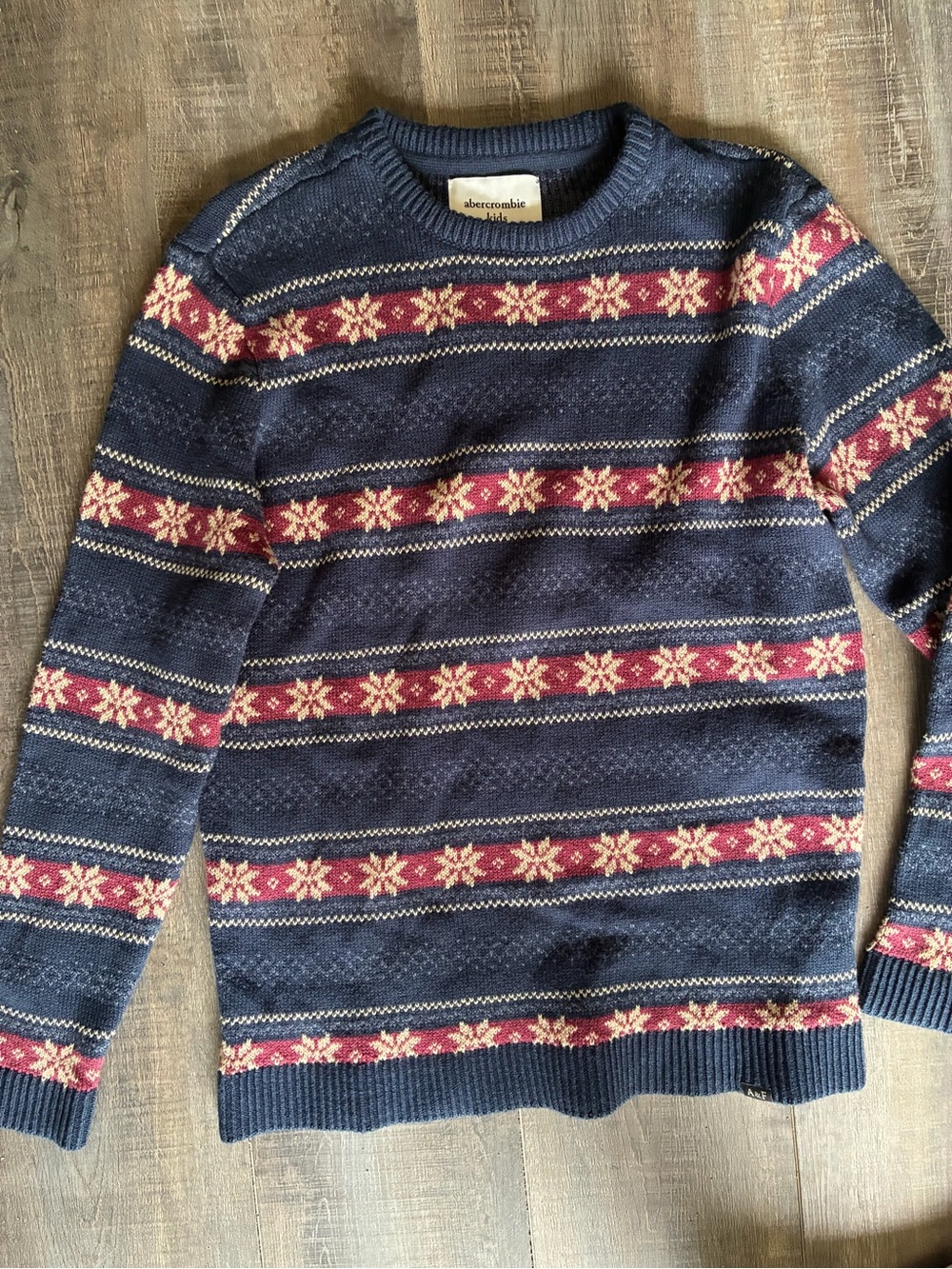 abercrombie kids Navy Fair Isle Crewneck with Red and Cream Accents